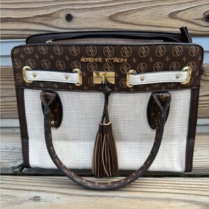 Adrienne Vittadini Womens Beige Brown Faux Leather Tassel Purse Satchel